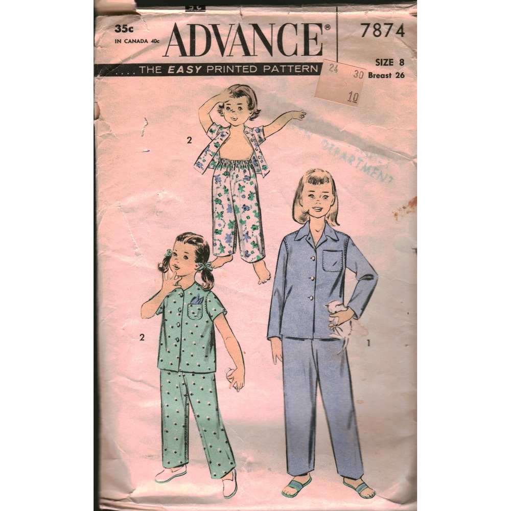 Vintage Advance 7874‎ Kids Pajamas Sewing Pattern Size 8 Jacket Trousers 1950s